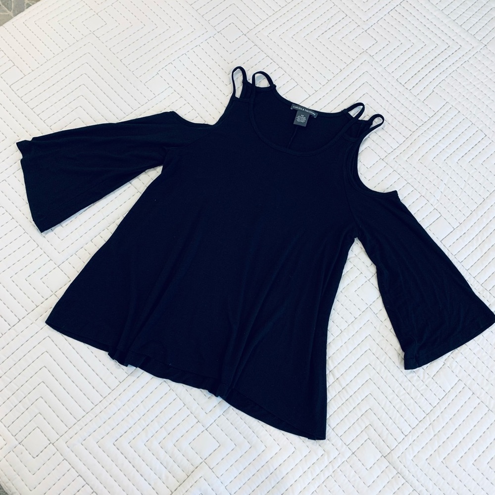 Black knit “cold-shoulder” top